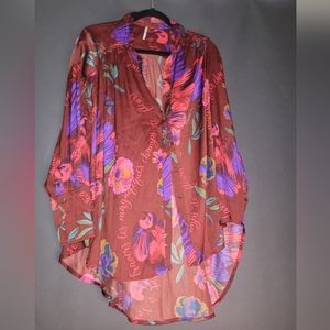 Free People women brown floral long-sleeved shirt xs/tp boho